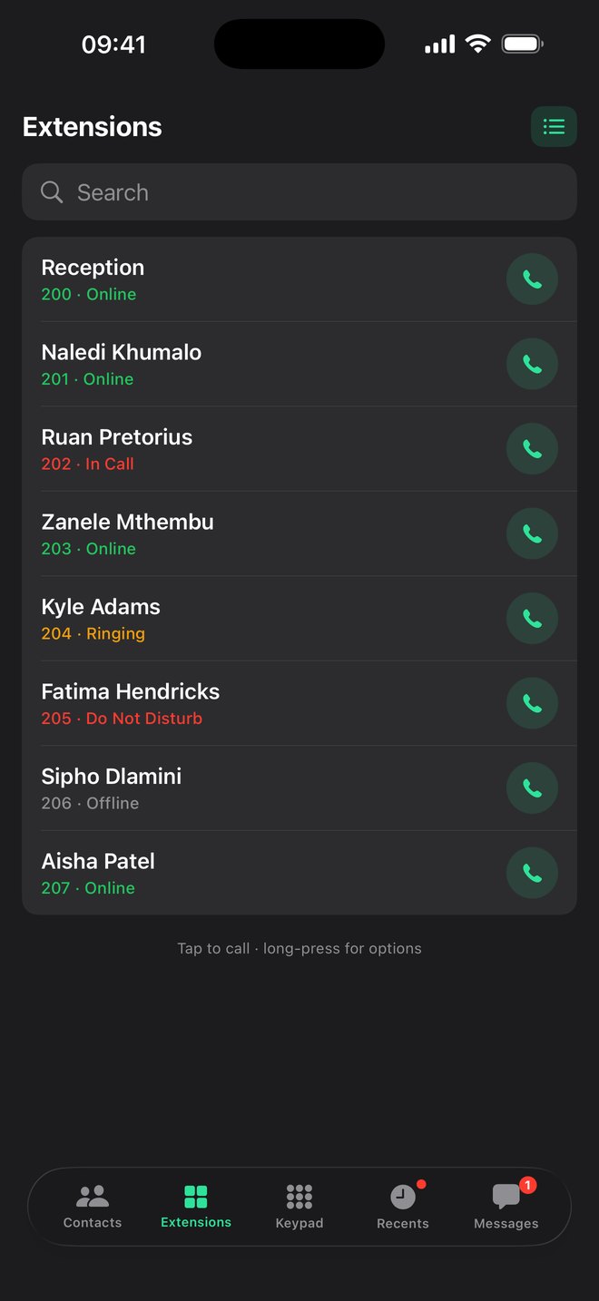 ArcSIP's Extensions list, showing colleagues who are online, in a call, ringing, on Do Not Disturb or offline
