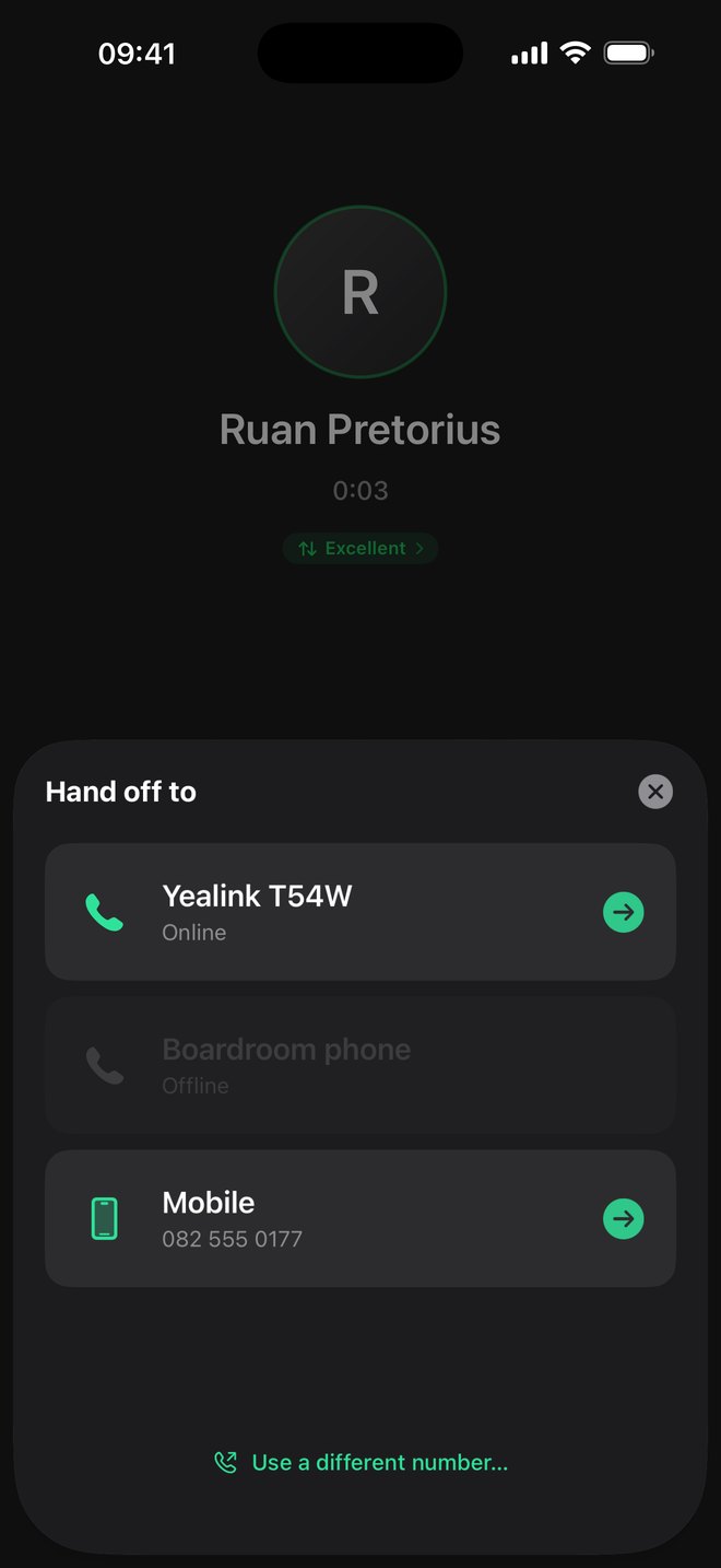 ArcSIP's Hand off to sheet, listing a Yealink T54W desk phone that is online, a boardroom phone that is offline, and a mobile