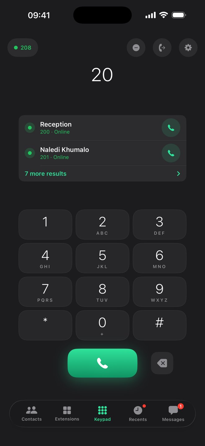 The keypad finding colleagues by number and name while dialling