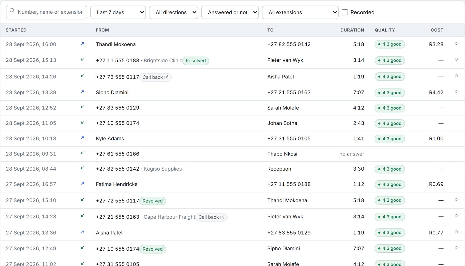 The ArcNet call history: each call's time, direction, caller, who took it, duration, a call-quality score, cost and a play button for recorded calls