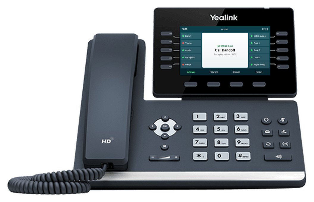 A Yealink desk phone ringing with the handed-off call