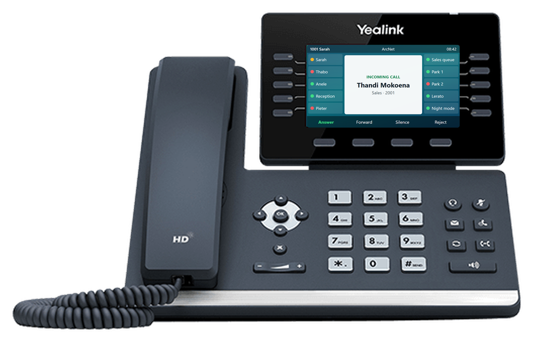 A Yealink T54W desk phone on ArcNet showing an incoming call and busy lamps for colleagues