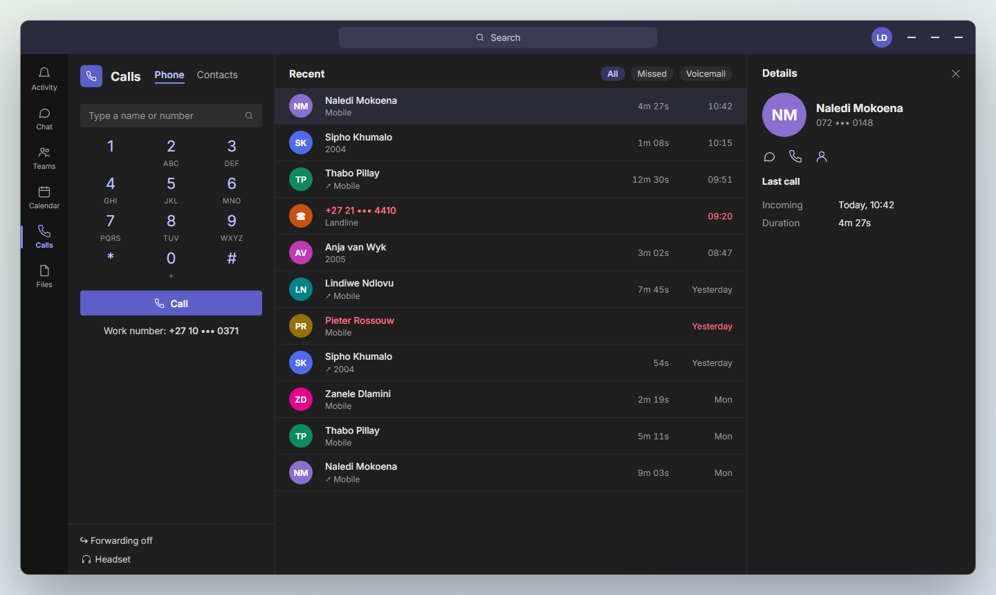 An illustration of the Calls view in the Microsoft Teams desktop app on ArcNet, in dark mode: the dial pad with the ArcNet work number, recent calls in and out, and the details of the last call